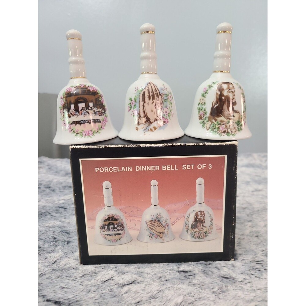 Vintage Religious Bells set of 3 Jesus, Prayer Hands, Last Supper